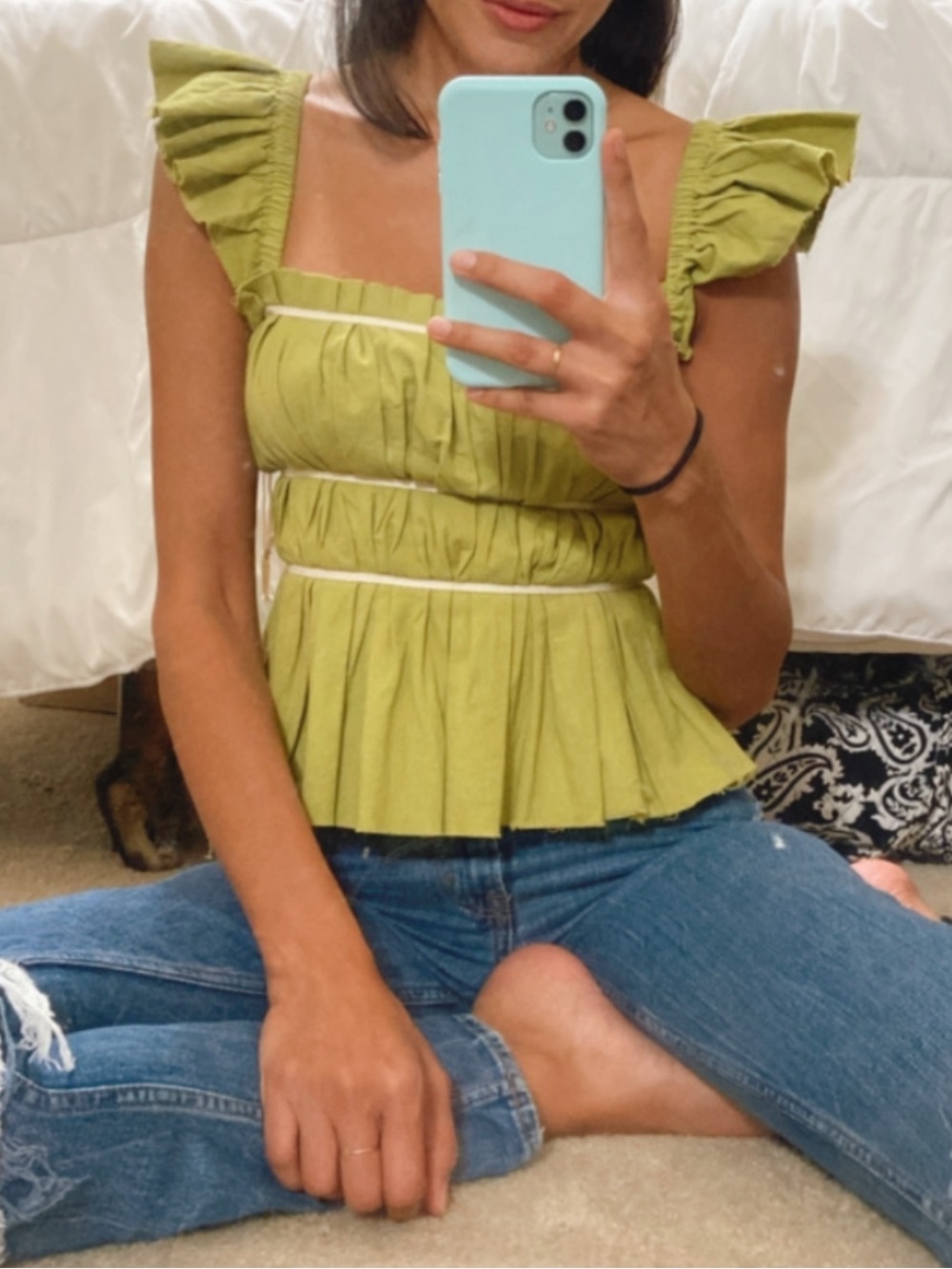 Free People Olive Ruffle-Strap Smocked Peplum Top